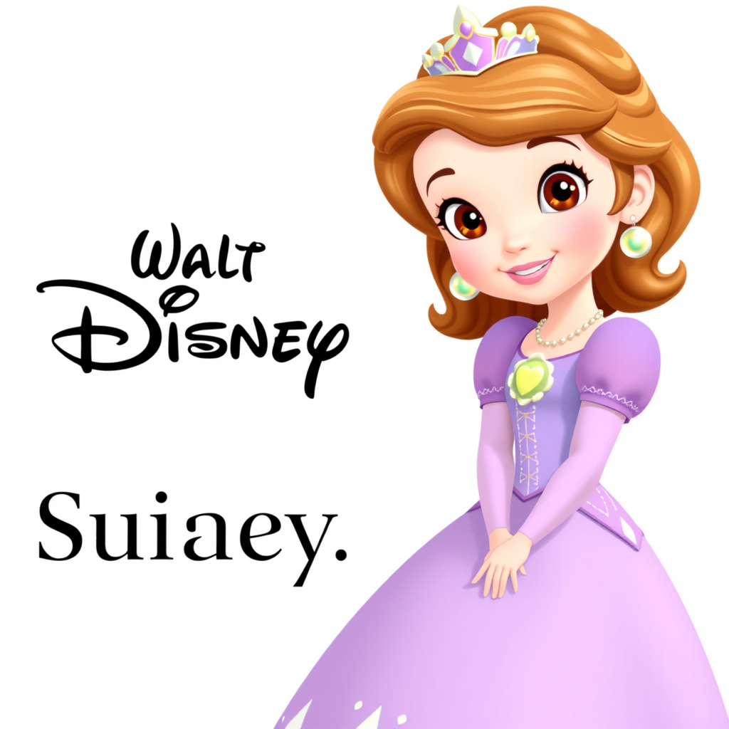 Main art studio: Create a high-resolution, clear PNG image featuring Sofia the First, shown as a full character. Place the text “Walt Disney” separately beside Sofia,