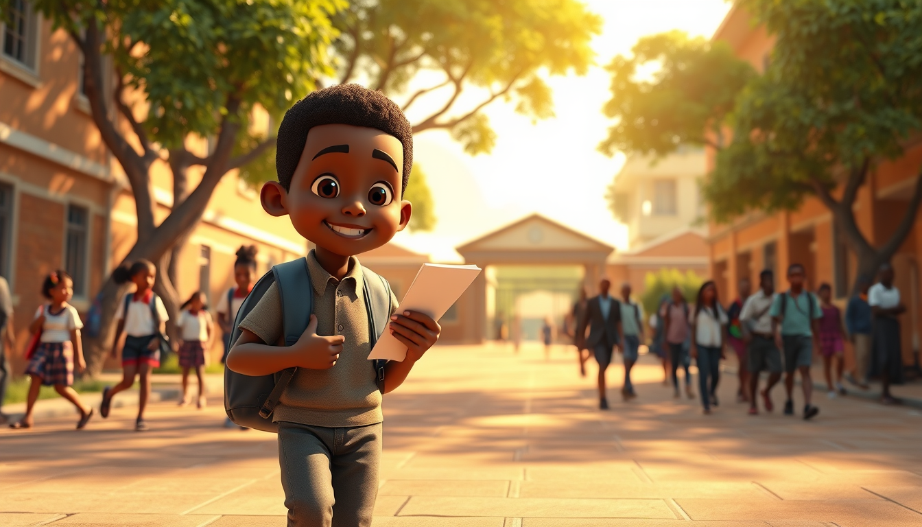AI Art prompt example created from the prompt: 3D cinematic cartoon style. A lively African school courtyard in the late afternoon, warm natural sunlight. Clyde, a young African schoolboy