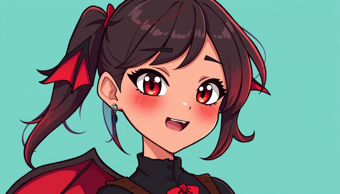 VTuber idea created from the prompt: vtuber avatar character, anime style, expressive face, streaming-ready design, A vampire girl dark caramel skin colour cute clothes black am