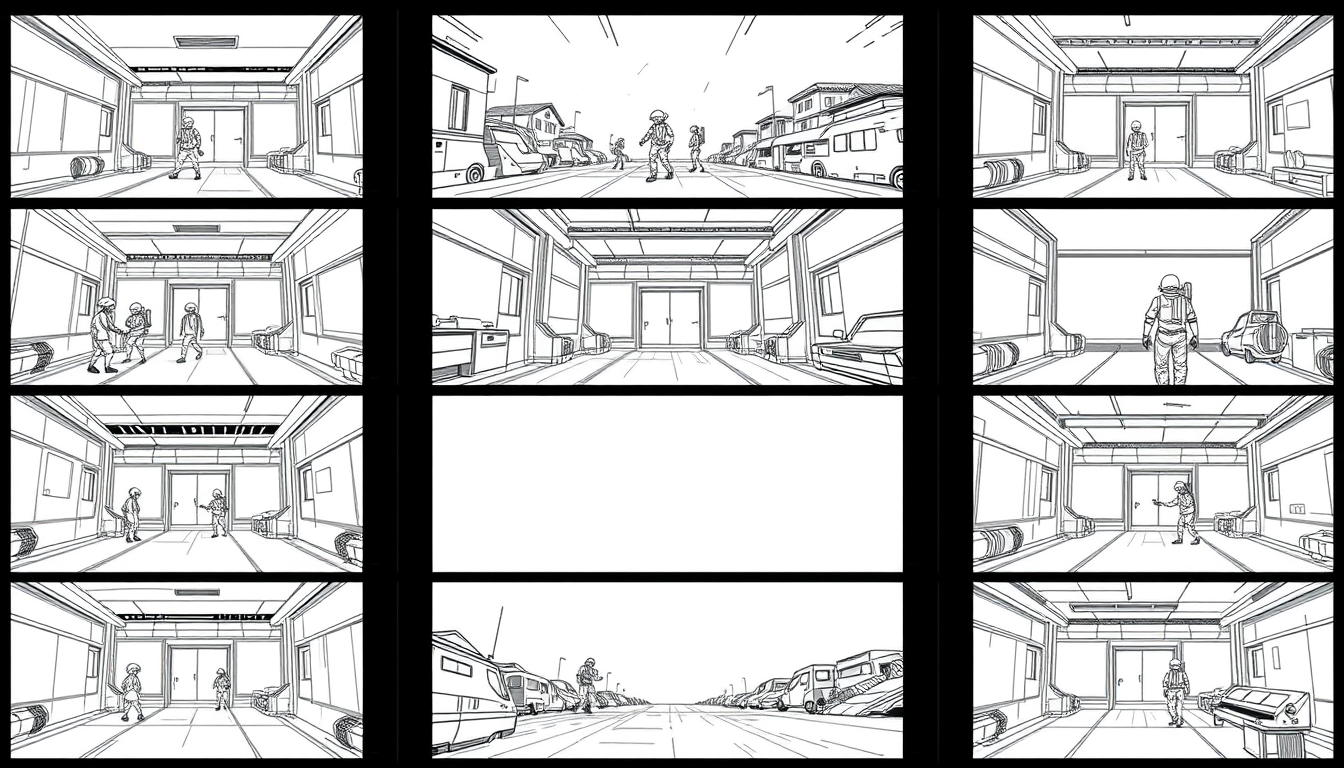 Storyboard idea created from the prompt: storyboard panels, cinematic shot sequence, clear camera angles, grayscale sketch layout, readable scene flow, 统一基础规范:8bit 像素风格,竖屏 9:16,平涂色块