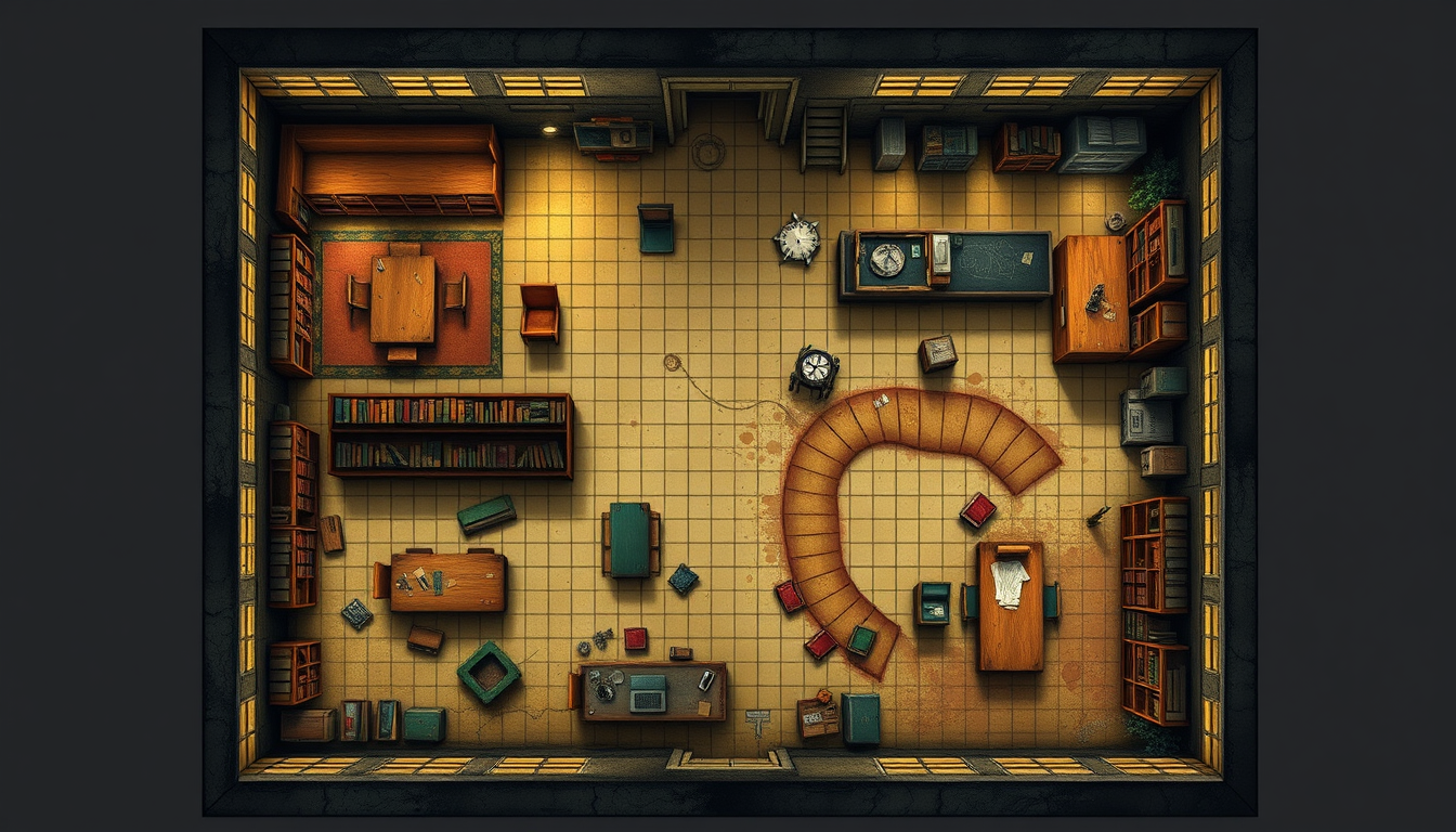 Main art studio: Top-down D&D battlemap of an abandoned school, designed for tabletop play. Large old school building with classrooms, long corridors, a library, cafet