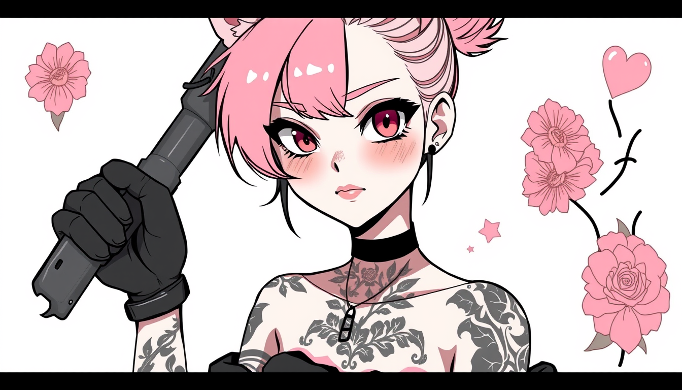 VTuber idea: vtuber avatar character, anime style, expressive face, streaming-ready design, Mädchen mit wolfecut und schlappohren wie bei häschen, Tattoos am Körpe