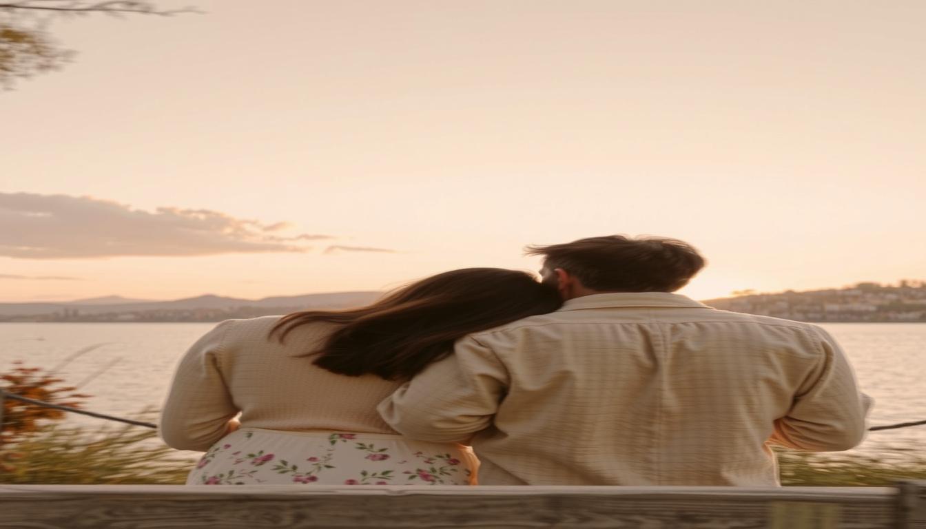 Main art studio: Slow cinematic zoom toward a couple watching the sunset. Soft breeze, subtle head movement, gentle embrace, shimmering lake, warm golden light, dreamy