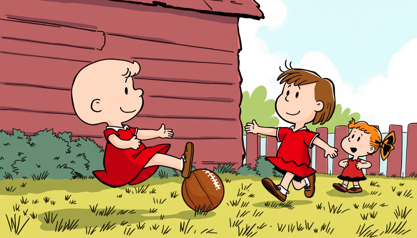 Main art studio: Lucy in a red dress pulling football away as charlie brown kicks with sally and linus watching