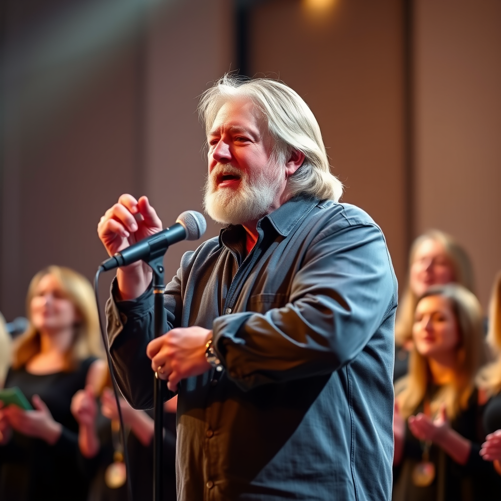 Main art studio: a white middle aged singer with longish hair and face stubble, holding a microphone singing on stage, with a mixed male and female gospel choir singin
