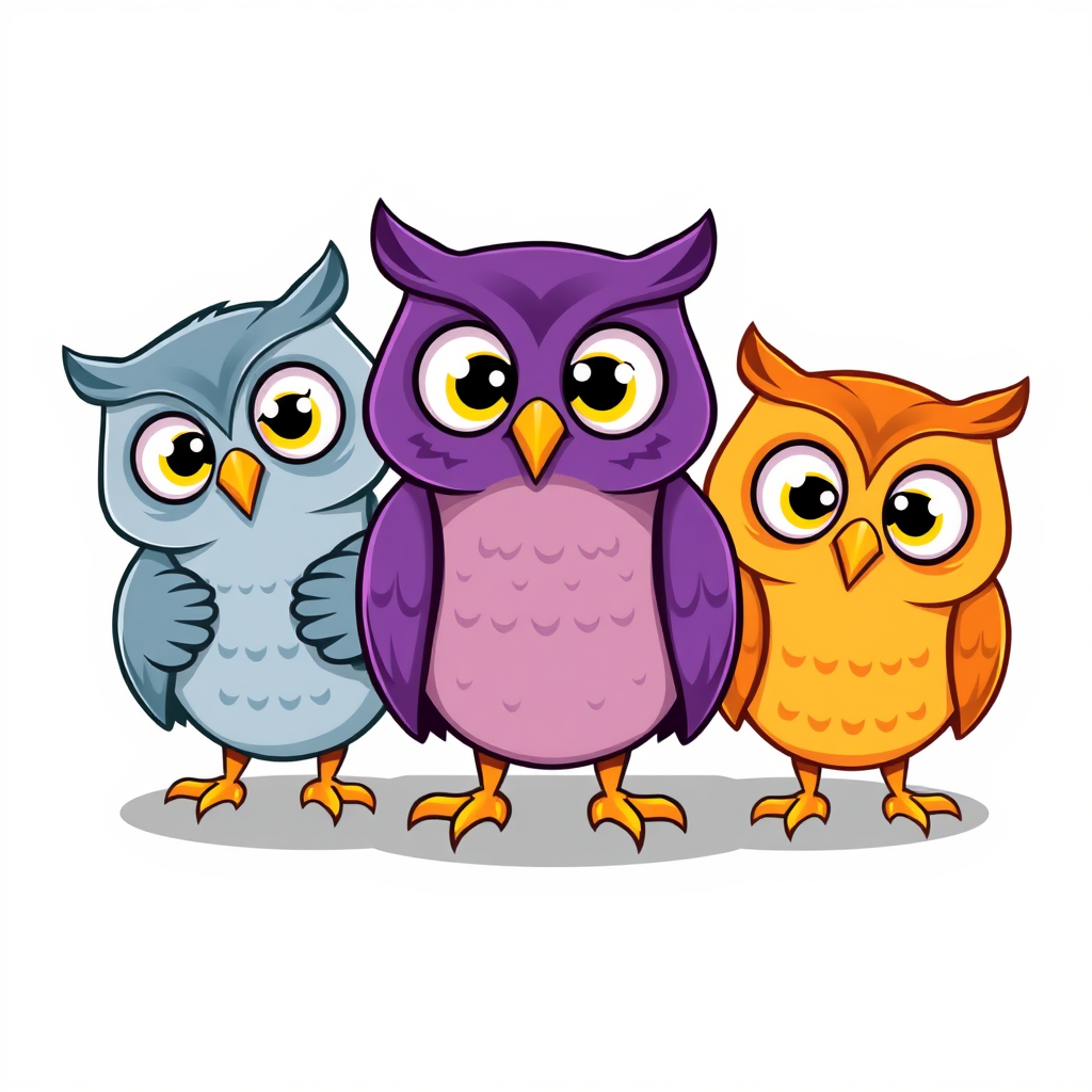Main art studio: Design a cute 2D mascot for a university study app: three lovable owls with clearly different personalities and poses. All have wide-open, bright, liv