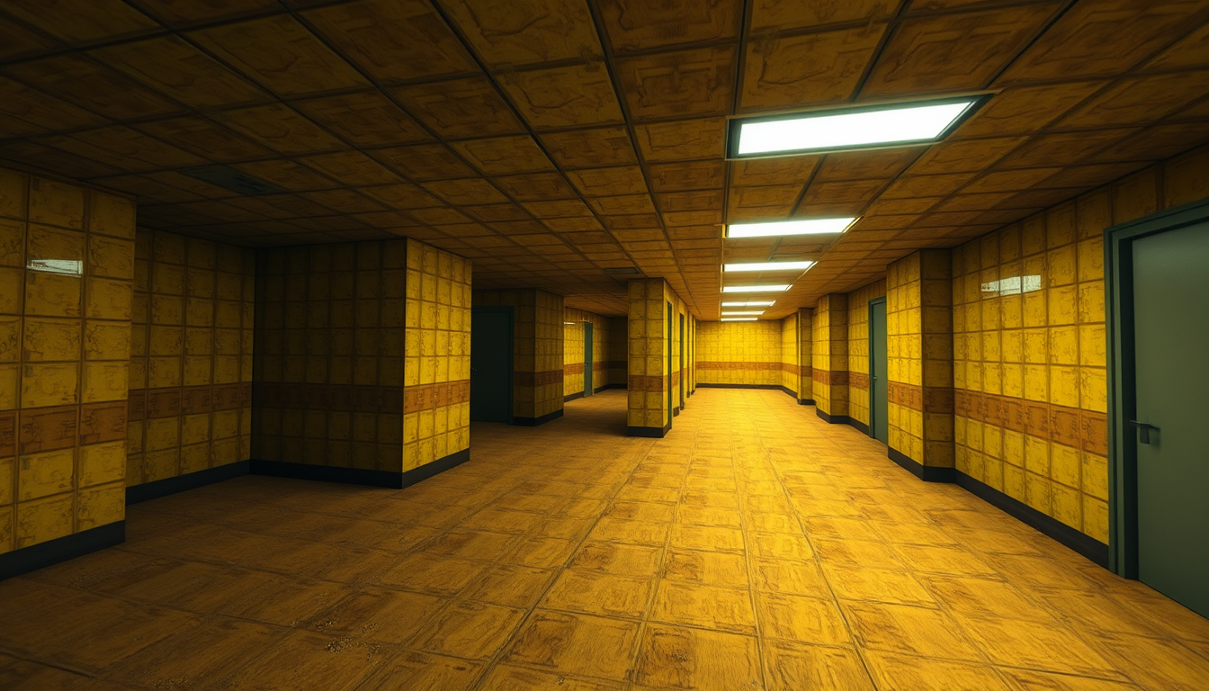 Main art studio: Minecraft-style Backrooms Level 0, built with detailed voxel blocks. An endless maze of yellow rooms and corridors, aged yellow wallpaper, dirty beige