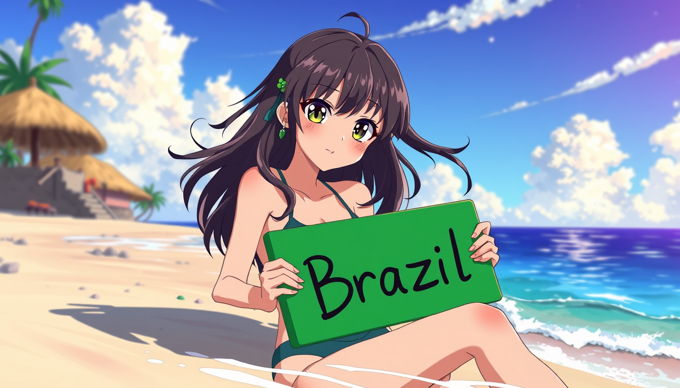 Anime idea: anime style, vibrant colors, expressive eyes, consegue colocar um personagem de anime sem roupa numa praia de nudismo com uma placa escrito love Brasi