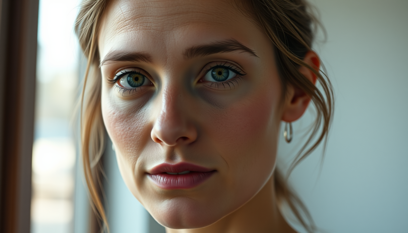 Main art studio: Photorealistic portrait of a fictional adult woman, 25 years old, natural facial asymmetry, realistic skin texture, subtle imperfections, natural hair