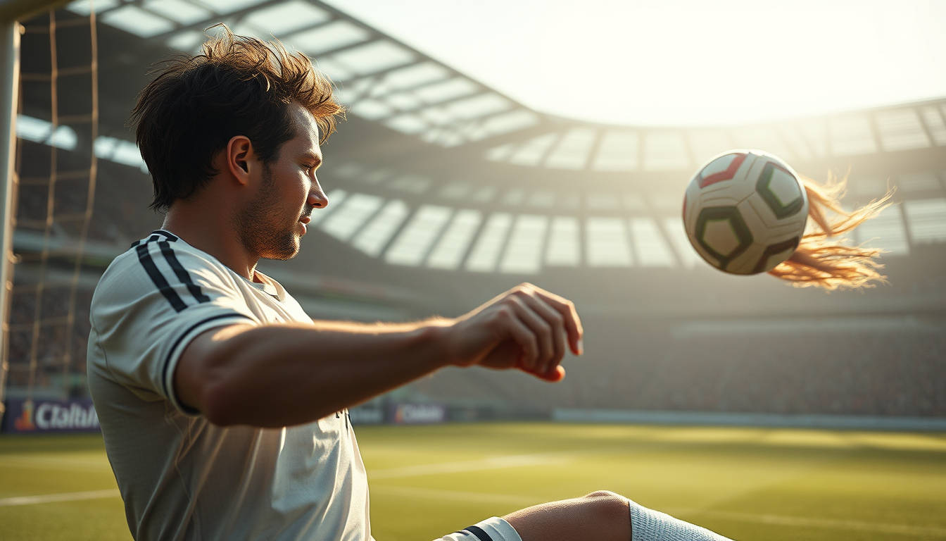 Realistic Images idea: photorealistic generated image, natural materials and skin texture, physically plausible lighting, Ein Fußballspieler schießt ein Tor, der andere fick