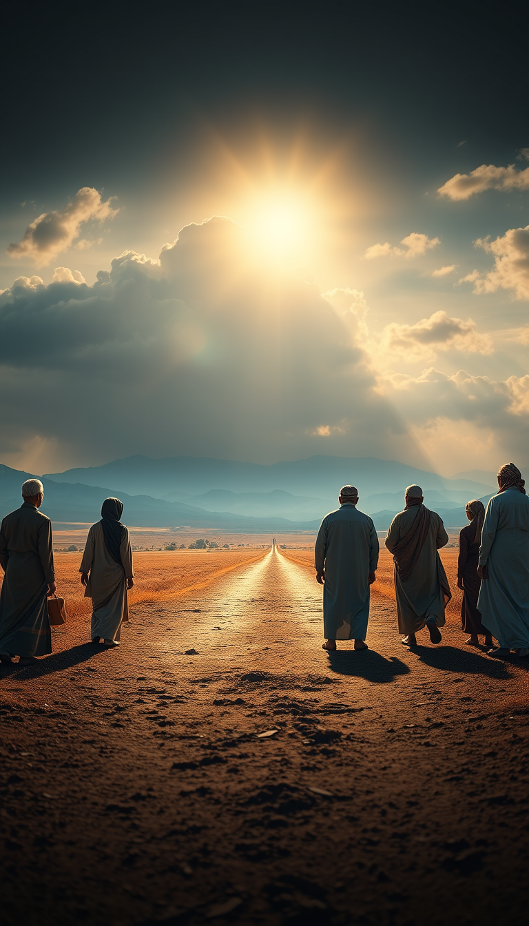 Main art studio: Epic cinematic Islamic scene showing a poor family and a wealthy family standing on opposite sides of a vast landscape. Between them, a beautiful path