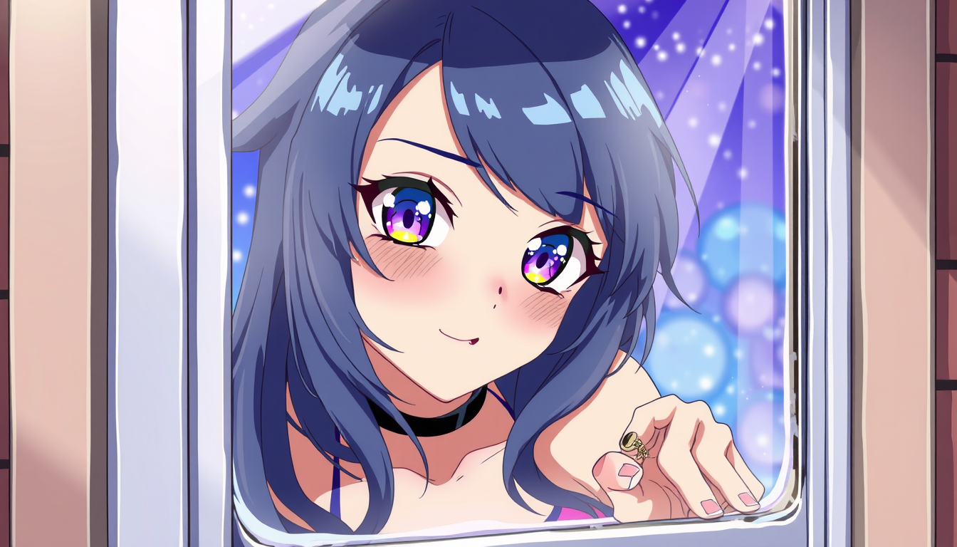 Anime idea: anime style, vibrant colors, expressive eyes, Hot Anime woman phisically Stuck in window , detailed anime illustration