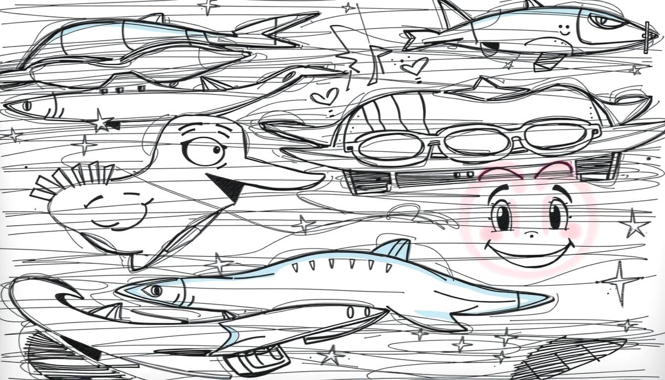 Main art studio: Fully ink and color the existing sketches in a vibrant, cartoonish style with bold outlines, lively shading, and bright, saturated colors to enhance t
