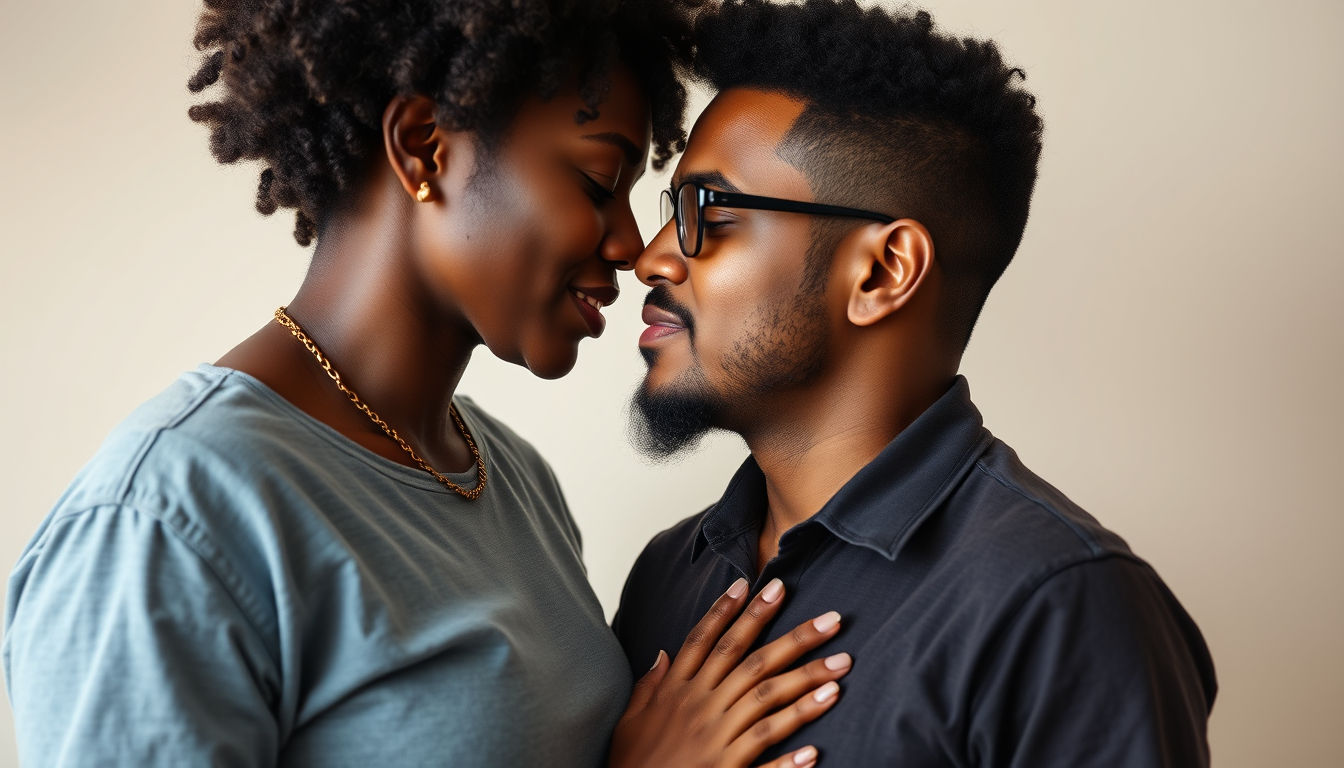Main art studio: Black woman 186 cm tall and 140 kg indian man 161 cm tall and 65 kg both kissing standing