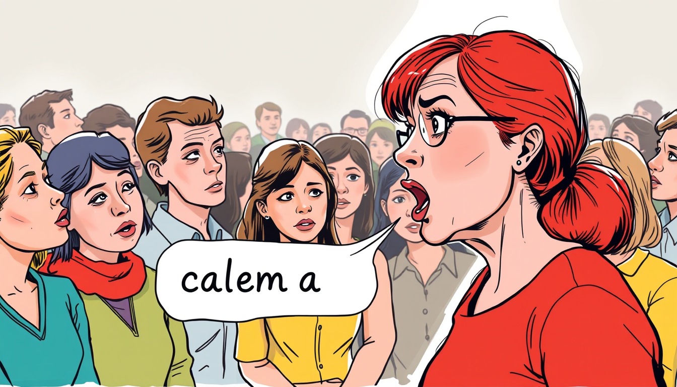 Main art studio: crie a imagem: - estilo traço do cartunista QUINO (mas a imagem colorida: pessoas com roupas coloridas) - fundo com pessoas falando, aspecto de confus