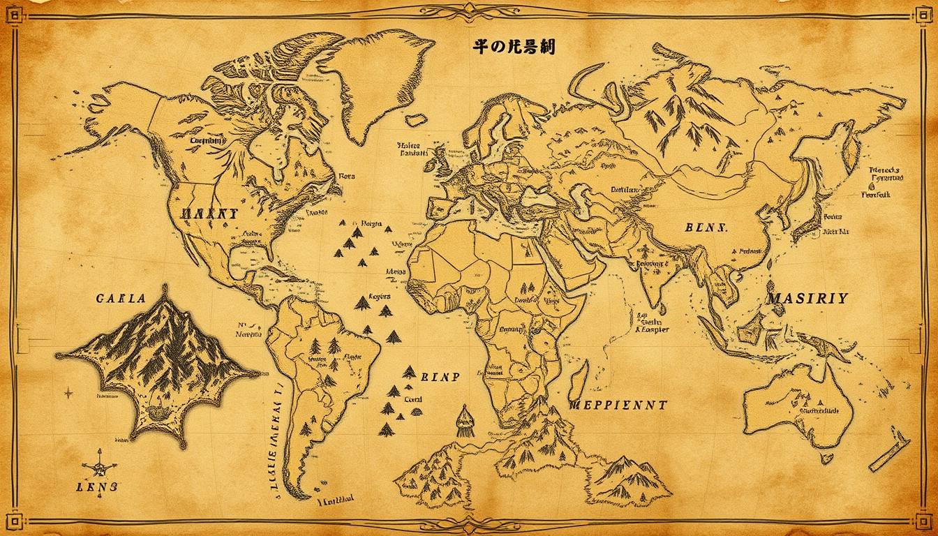 Fantasy Maps idea: fantasy world map, hand-drawn cartography, aged parchment, mountains forests and coastlines, リアルな地図 何万年も前に火山が噴火してできた島 動物がいるが、白亜紀の恐竜などの生物が生き残っっている , de