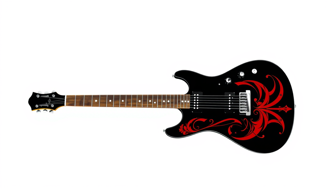 Main art studio: Kannst du mir ein Design für eine Explorer Gitarre machen? Schwarz als Hauptfarbe und dann designelemente mit rot und weiß.