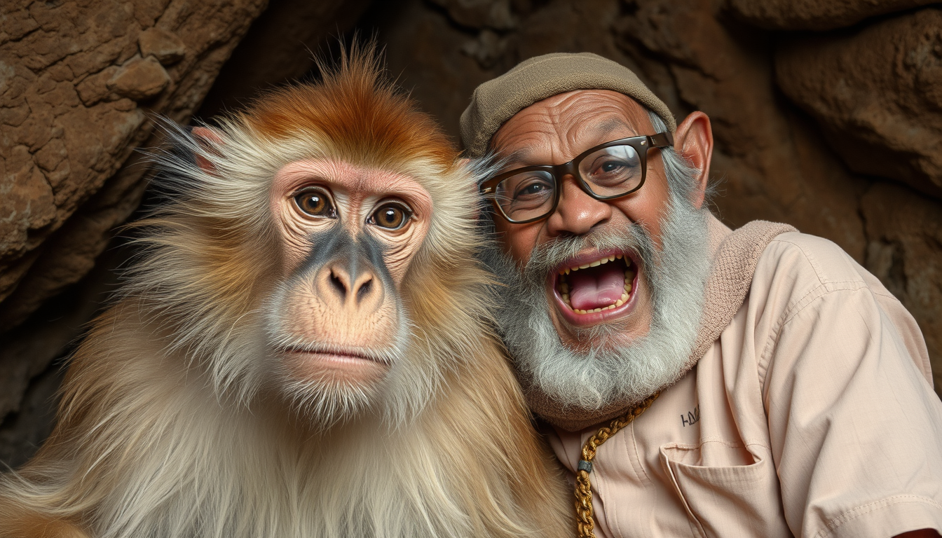 Main art studio: big monkey with nametag ADAM with his owner ipan .ipan is human but drunk theyre in cave