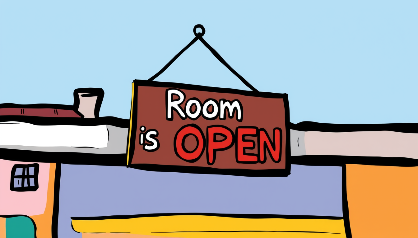 Main art studio: Picasso style sign that says "Room is open"