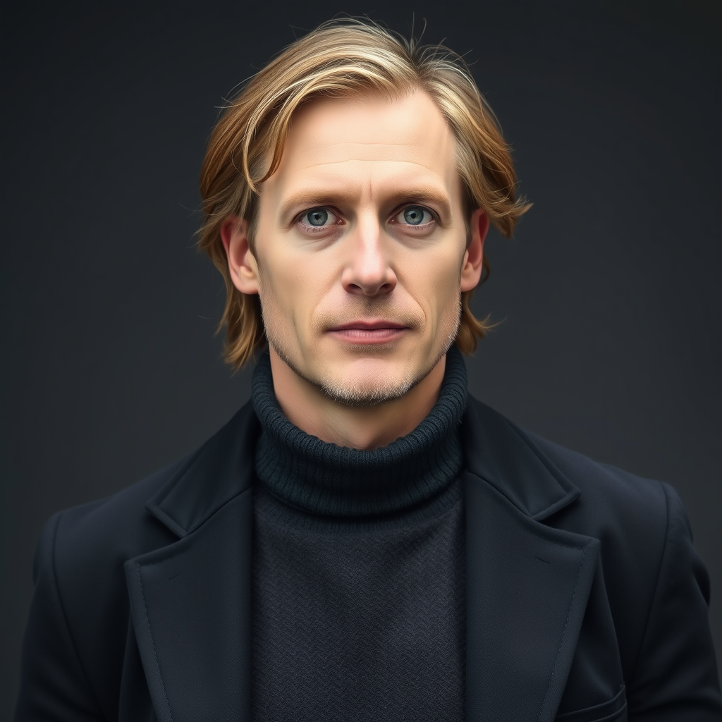 Main art studio: Im Portrait. Ein deutscher Mann ca. 40, mit etwas längeren Haaren, braun, dunkelaschblond, aber auch schon etwas Haarverlust. Er hat blau-grün-graue A