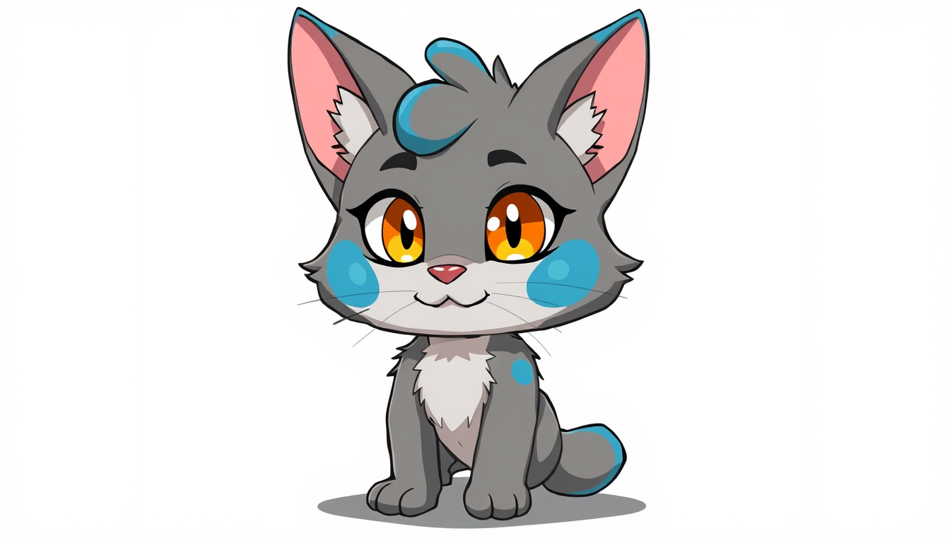 Fursona idea created from the prompt: fursona character, anthropomorphic animal design, expressive personality, reference sheet style, grey cat with blue swirls big orange eyes b