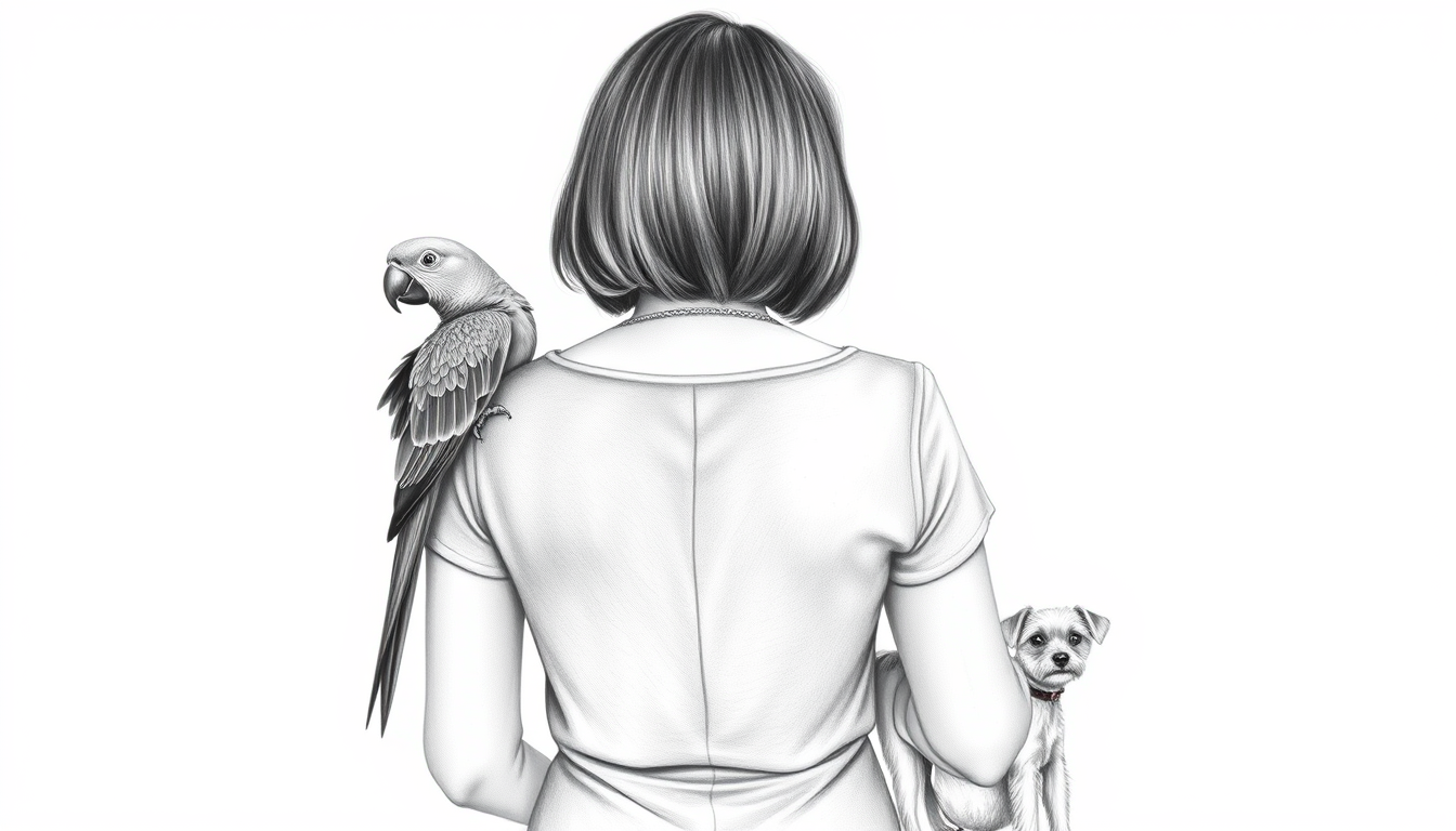 Main art studio: Elegant black and white pencil drawing, a woman standing seen from behind, with shoulder-length darker ( but not dark) hair. 2 parrots are sitting gen