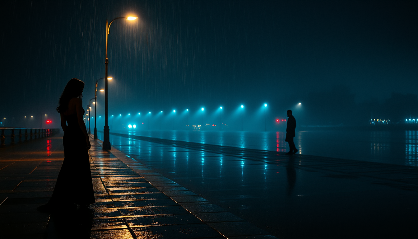 AI Art prompt example created from the prompt: Cinematic dark romantic music video cover, a beautiful mysterious woman in a long black dress standing alone on a rainy Saint Petersburg emb