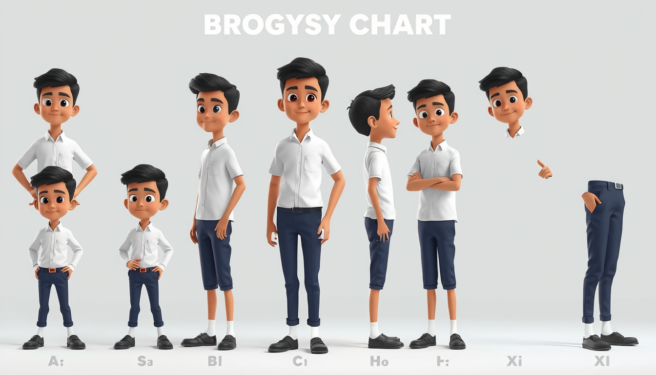 Main art studio: Create one clean A–Z BODY STYLE COMPARISON CHART for an original 3D animated Muslim-friendly schoolboy character named Ali. LAYOUT: A single image con