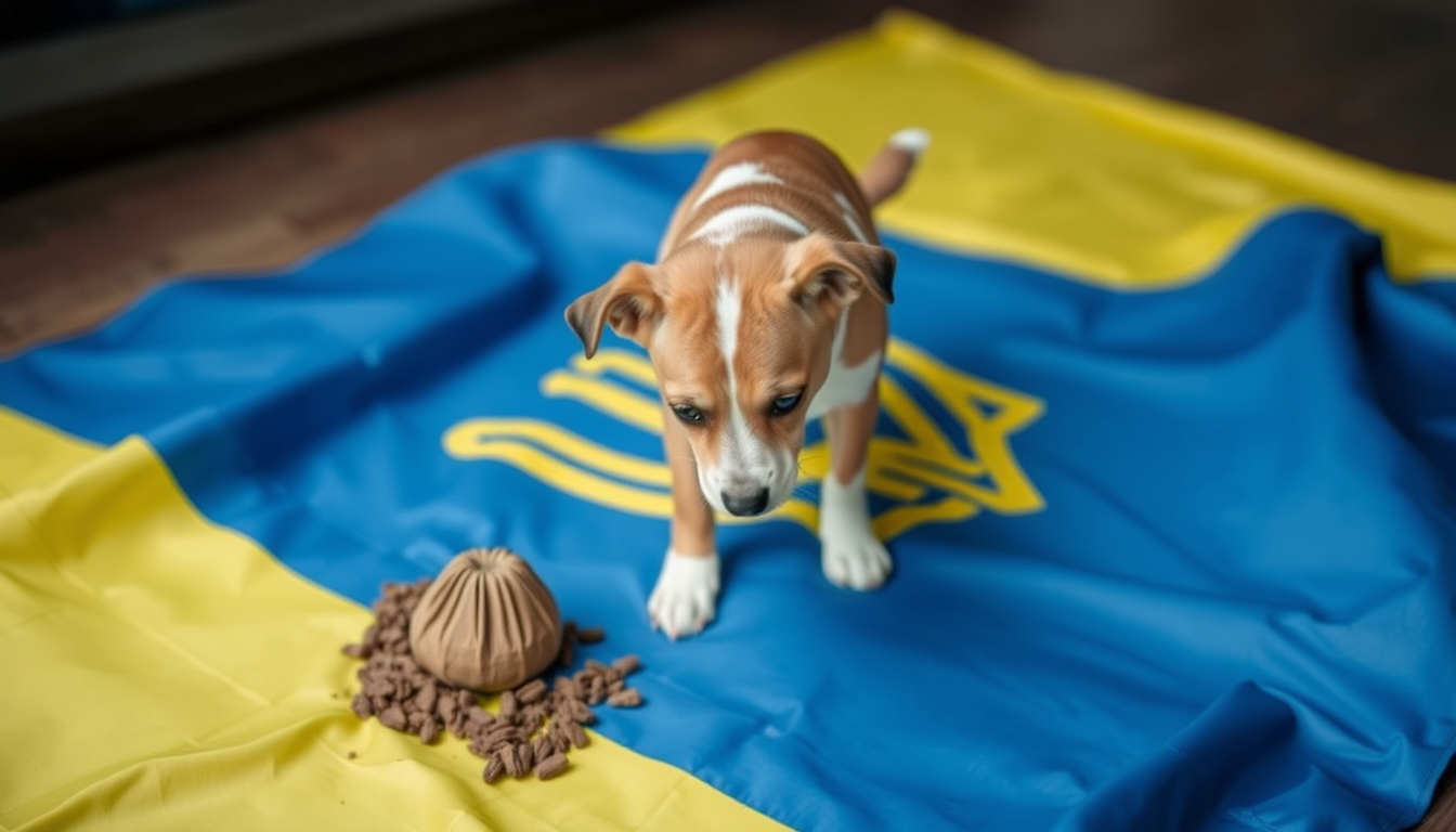 AI Art prompt example created from the prompt: a dog pooping on the Ukrainian flag