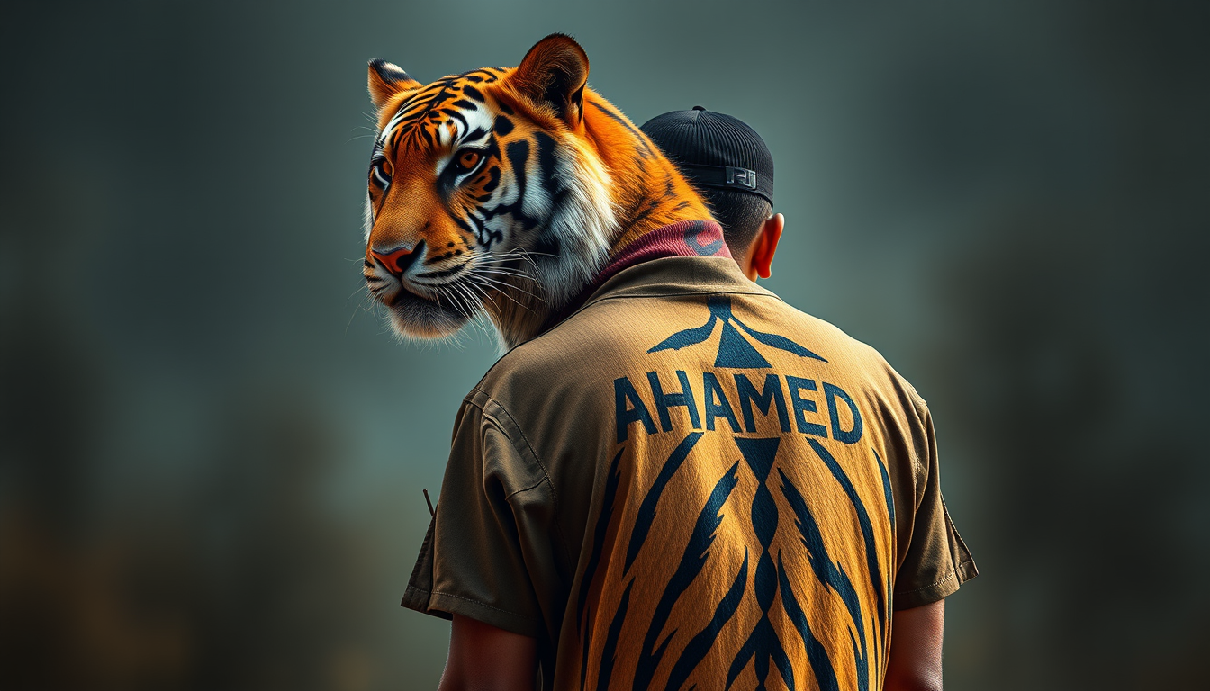 Main art studio: a tiger standing infront of a guy whos name is ahmed which should be written on his shirts back and on top of the pic younas should be written and giv