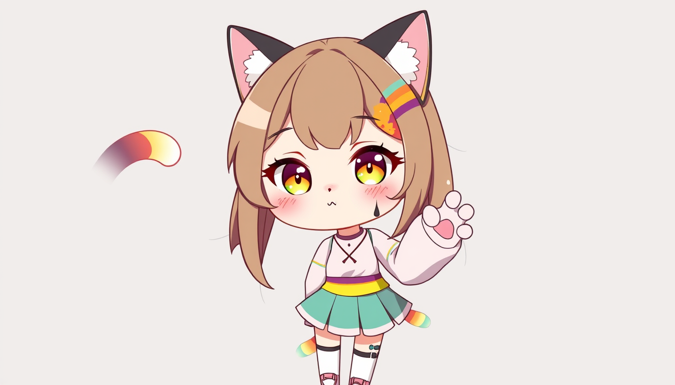 VTuber idea: vtuber avatar character, anime style, expressive face, streaming-ready design, Pale girl with rainbow eyes, brown and rainbow long hair, a rainbow lon