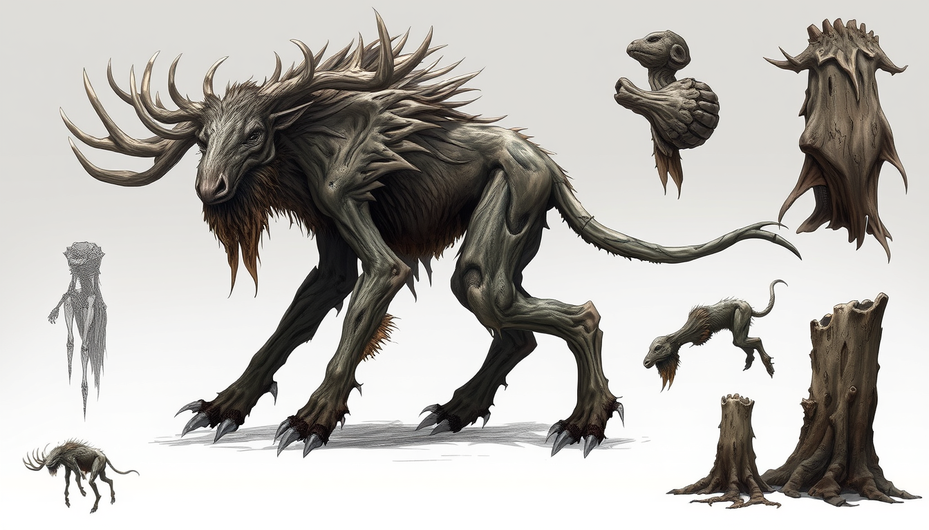 Creatures idea: original fantasy creature concept, imaginative anatomy, detailed texture, Waldgeist aus Moos und verworrenem Holz in süß bitte , full-body creature de