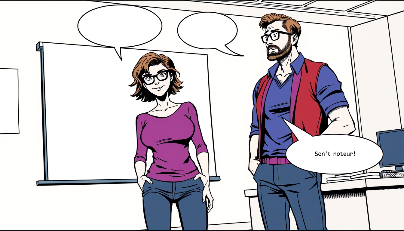 AI Comic idea created from the prompt: comic panel, bold inks, halftone shading, speech-bubble ready composition, La Stagiaire • Apparence : Cheveux châtains ondulés, haut violet,