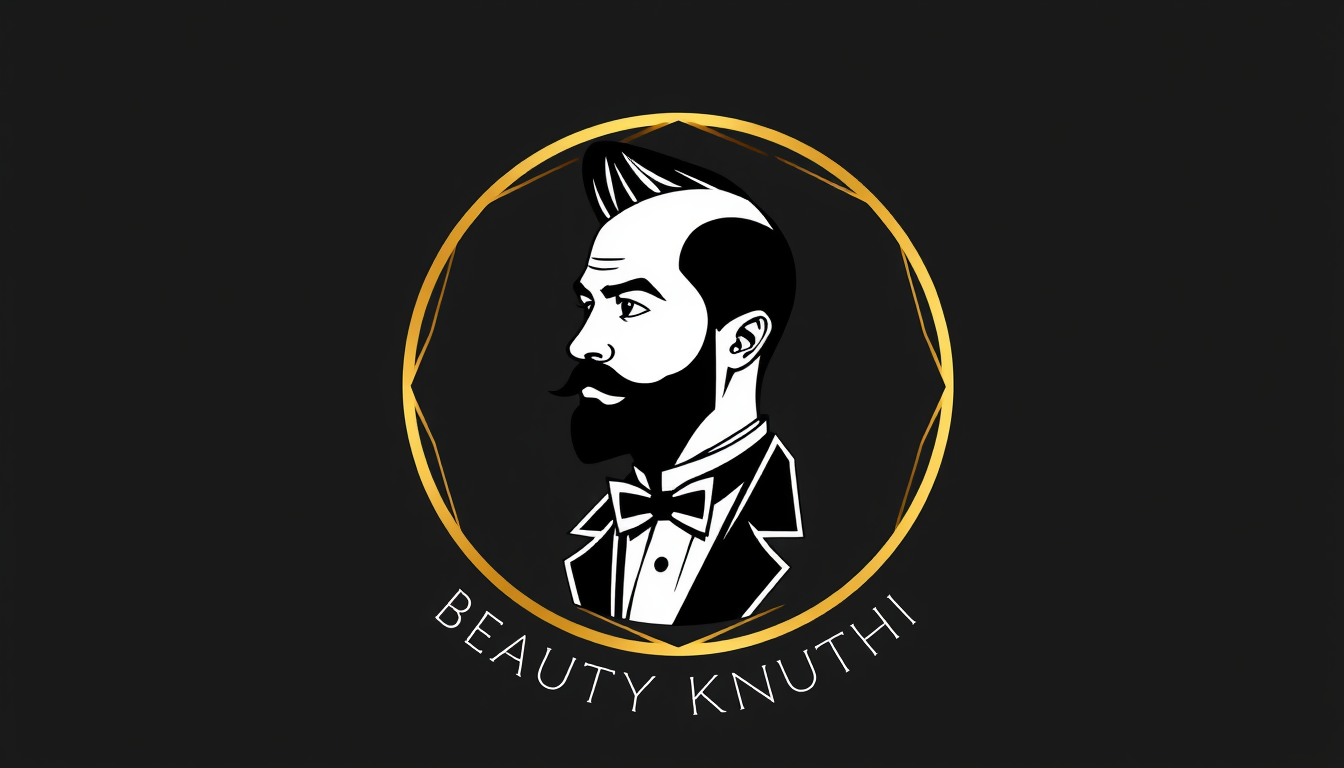 Main art studio: A circular luxury emblem logo for a beauty salon called "Beauty Knuthi". Inside a gold geometric circle is a stylized black silhouette of a man with a