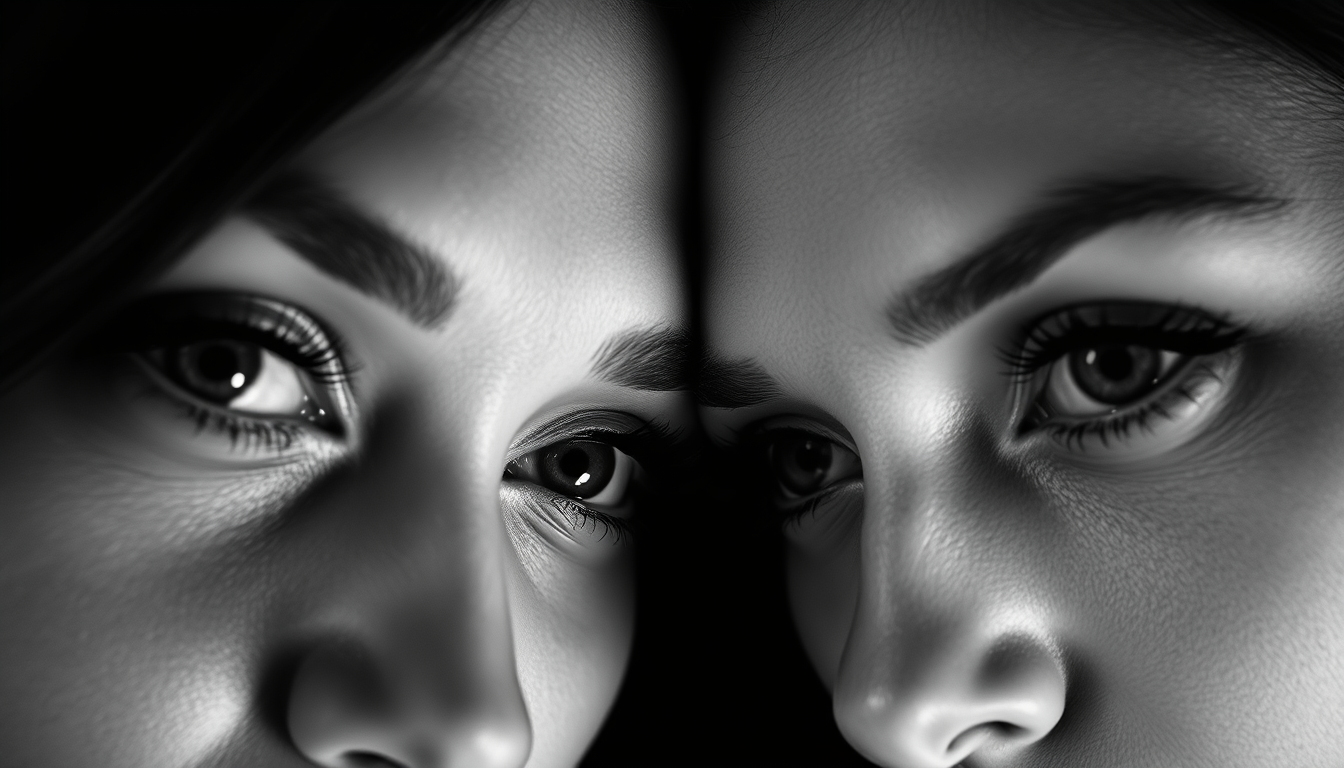 Main art studio: An extremely close-up black and white macro shot of two people’s eyes, taken from a very close angle. Their faces are almost touching, with a symmetri