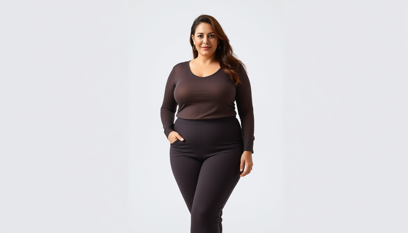 Main art studio: Full-body front-facing portrait of a clearly adult plus-size woman, looking at camera, tasteful opaque fitted outfit, curvy body, realistic studio pho