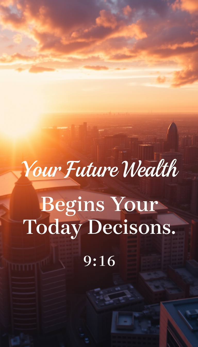Main art studio: Luxury sunrise over a modern city skyline, golden light, elegant typography: “Your Future Wealth Begins With Today’s Decisions.”, premium motivational