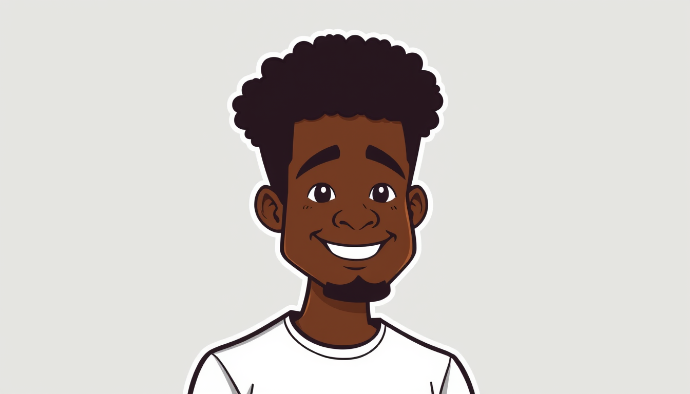 Cartoon Avatar idea created from the prompt: cartoon avatar, head-and-shoulders, bold outlines, flat shading, une personne noir avec un afro en mode cartoon avec plusieur emotion , soci