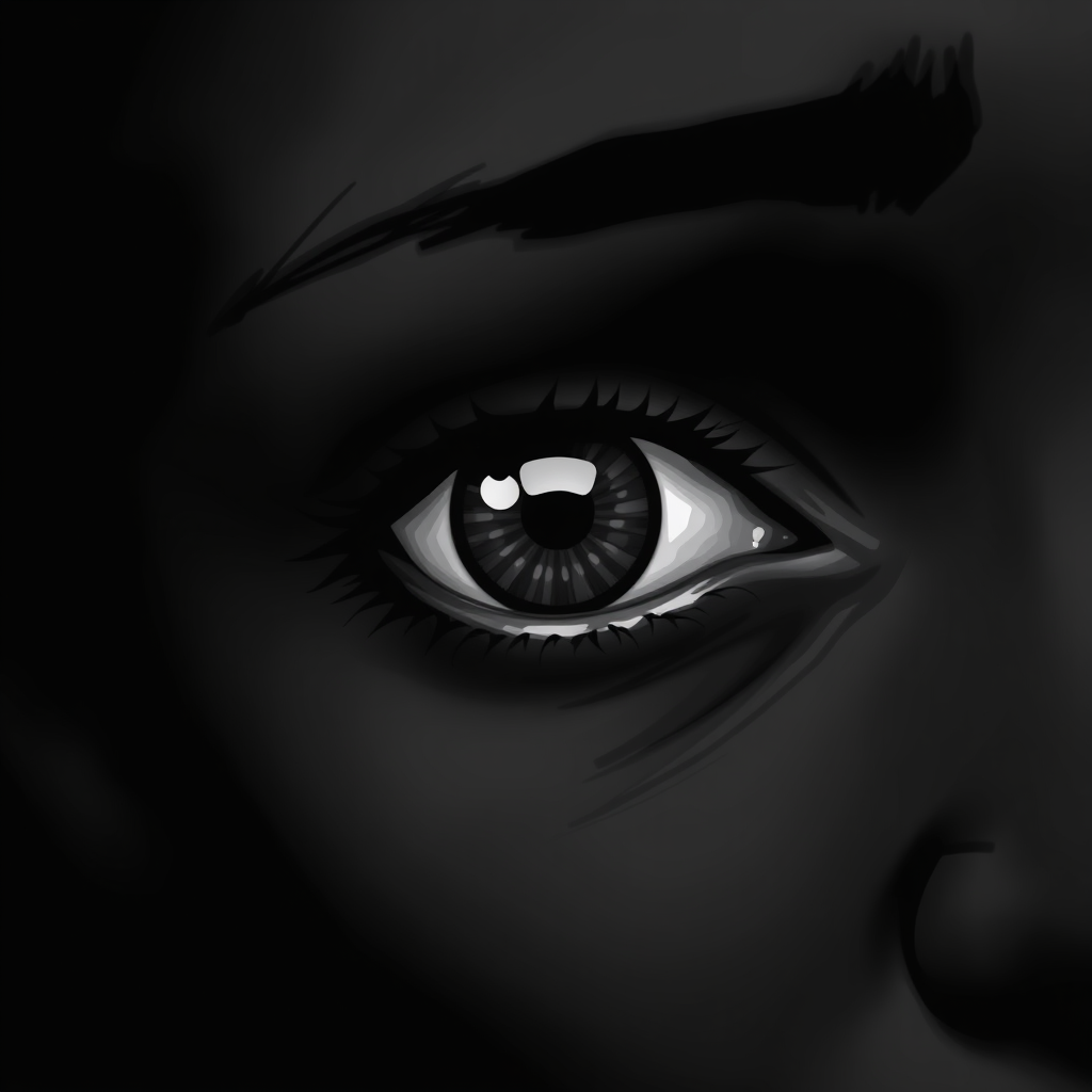 Main art studio: Create a crying eye in black and white and give the character black skin with an aesthetic digitized art style