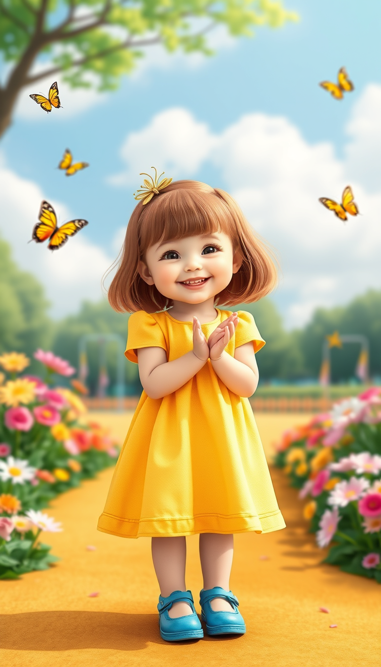 Main art studio: A cute little girl with brown hair in a yellow dress and blue shoes stands in a colorful park, smiling at the camera. She is surrounded by flowers, bu