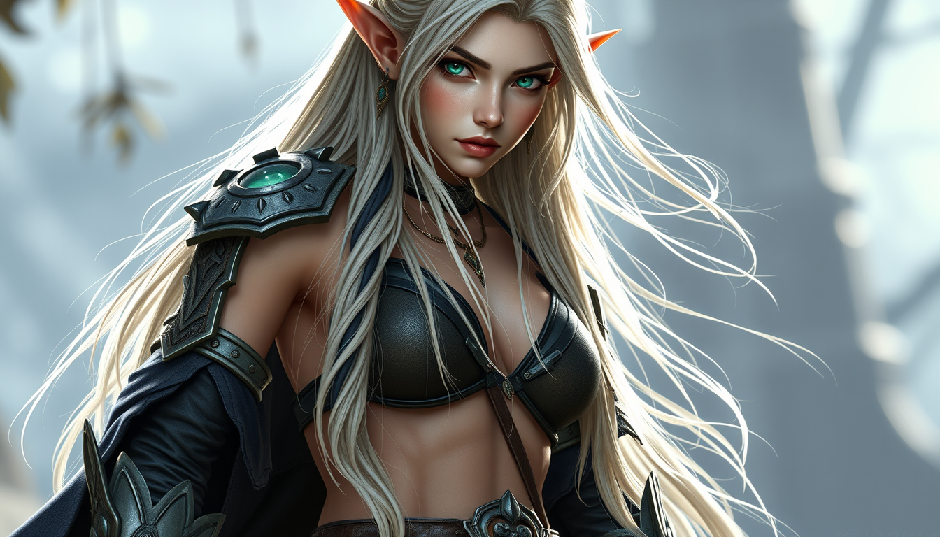 Main art studio: A beautiful 20–22-year-old adult female elf warrior with elegant pointed ears, long flowing silver-blonde hair, and emerald green eyes. She is topless