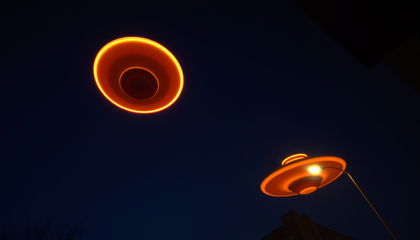 Main art studio: Two round and orange ufos with the second not too far behind a a little lower than the other, in the night sky (first-person view). They seem to be ab