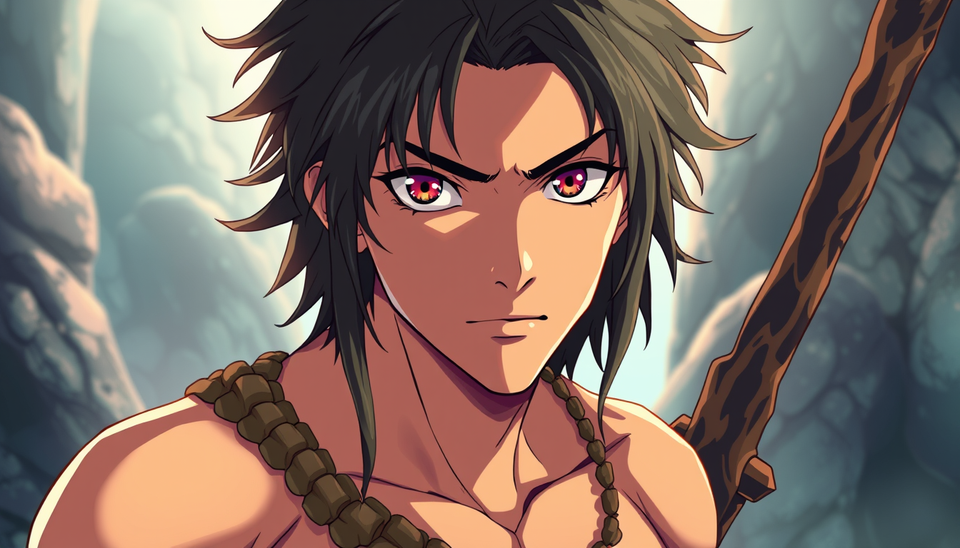 Anime idea: anime style, vibrant colors, expressive eyes, Kael is a 19 year old femboy who lives in the era 40,000 BCE he is a caveman , detailed anime illustrati