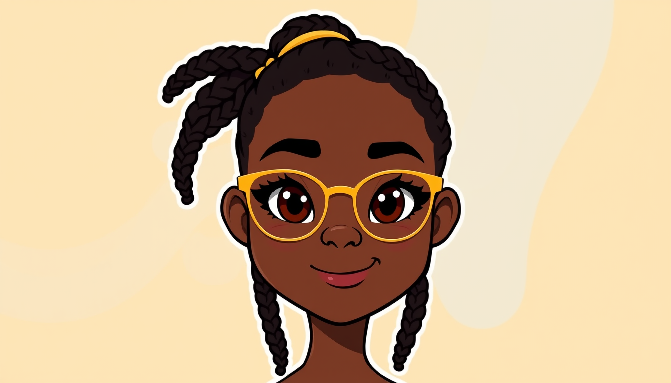 Cartoon Avatar idea created from the prompt: cartoon avatar, head-and-shoulders, bold outlines, flat shading, a cute young dark black woman, with medium-long braided nappy black hair ti