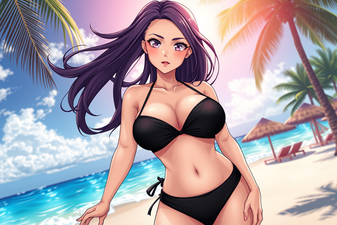 Anime idea: anime style, vibrant colors, expressive eyes, Adult anime woman, 25 years old, wearing a black bikini, extremely exaggerated curvy hourglass silhouett