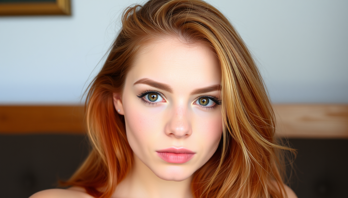 AI Art prompt example created from the prompt: Mujer joven de 23 años, piel blanca, nariz pequeña salpicada de pecas, ojos grandes marrones, pelo pelirrojo rizado y cuerpo delgado pero co