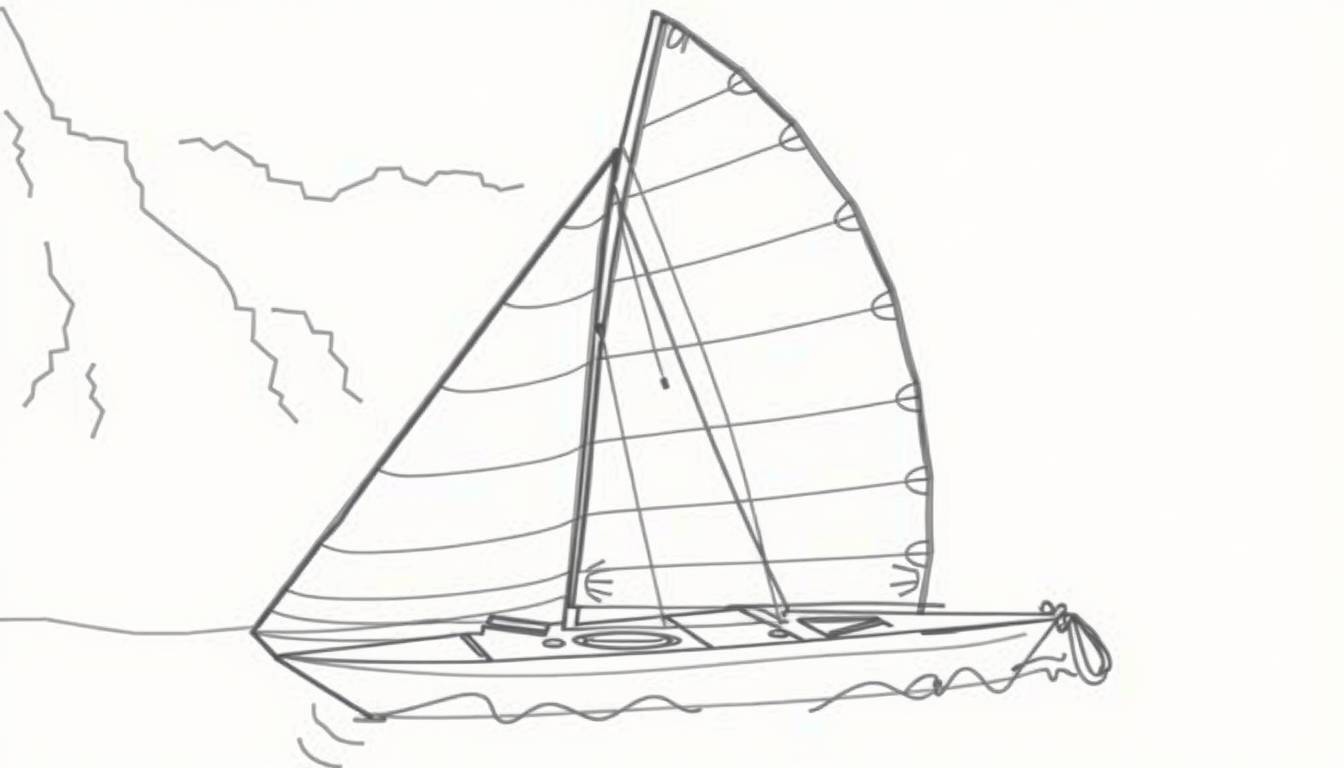Main art studio: Can you create an image of this boat sailing towards the viewer? It needs to be stormy weather with lightning in the background, and drawn in a simple