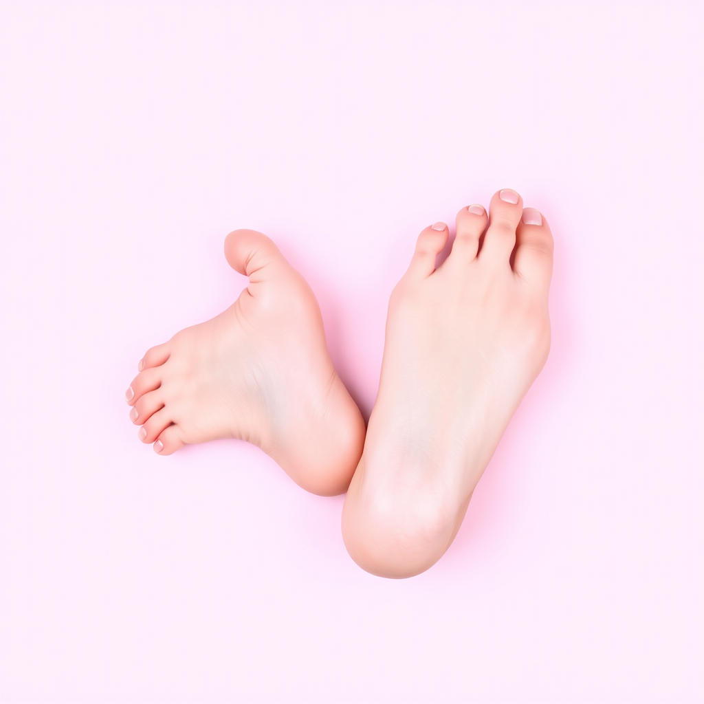 Main art studio: Two pink feet resting together on a uniform background. The right foot is positioned with the sole facing directly toward the camera, while the left f