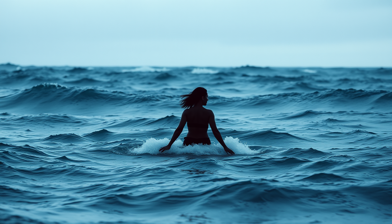 Main art studio: silhouette de femme qui s'épuise et s'acharne à nager dans un océan avec de nombreuses vagues, elle est en danger. l'image ne doit pas être catastroph