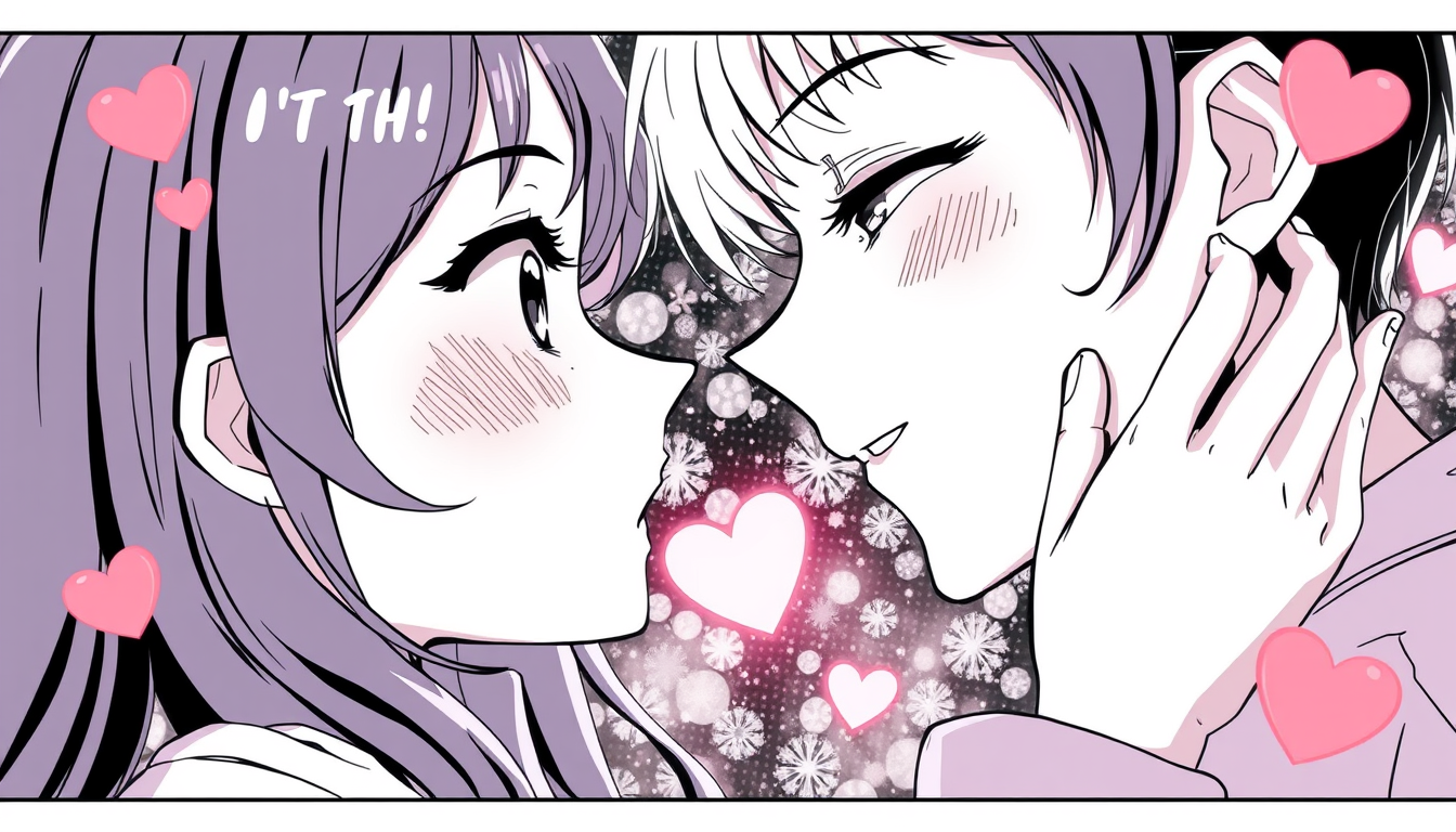 Anime idea: anime style, vibrant colors, expressive eyes, Black-and-white shoujo manga panel, two clearly adult characters, intense romantic tension, playful teas